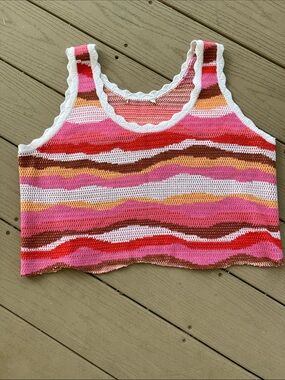 Crochet Stripe Crop Tank Top in Pink, Red & Brown